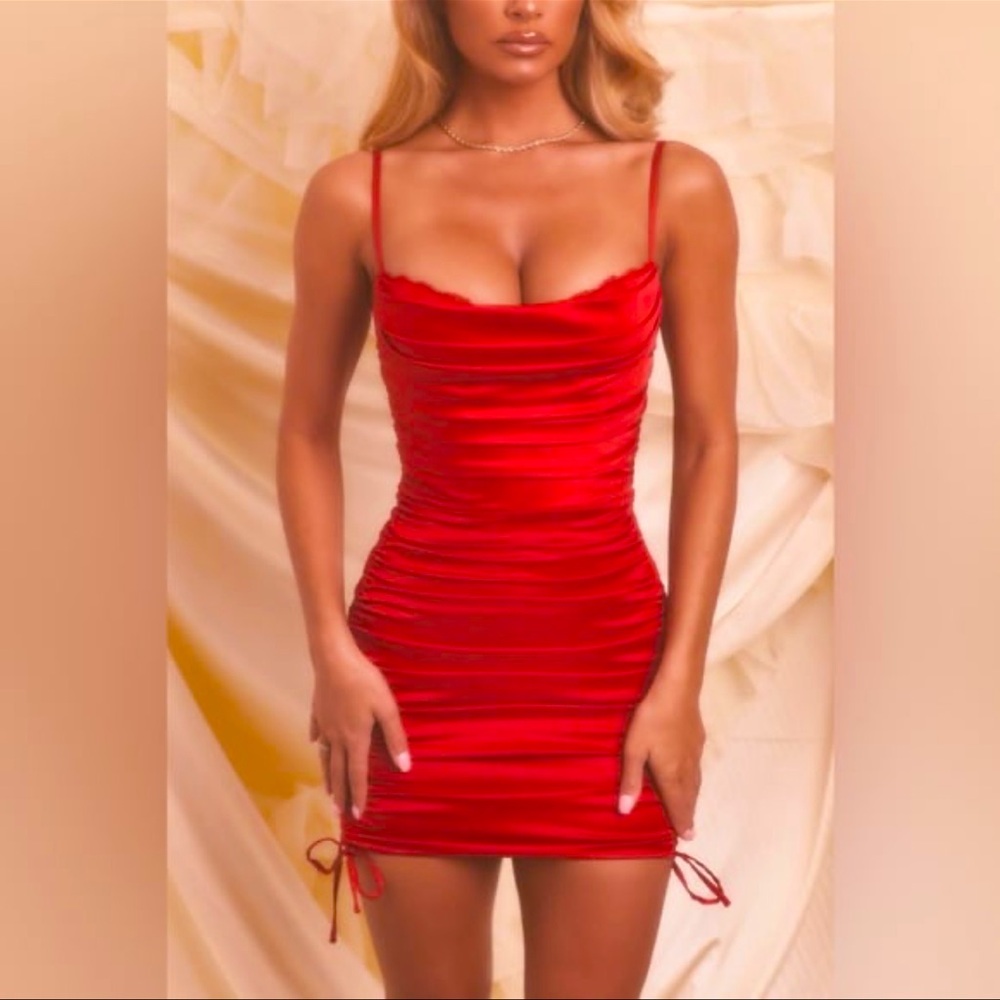 OH POLLY/ red lace satin mini dress with side ruching 8